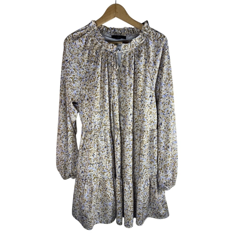 Ellos Floral Tiered Mini Dress Blue Tan Ruffle‎ Neck Keyhole Long Sleeve 14/16 M